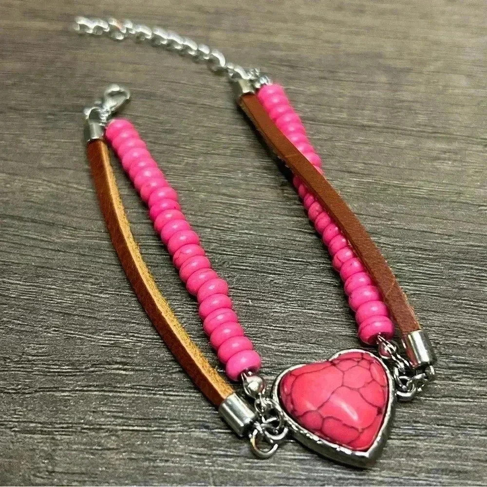 Silver Tone Pink Beads Leather Bands and Pink Heart Stone Bracelet